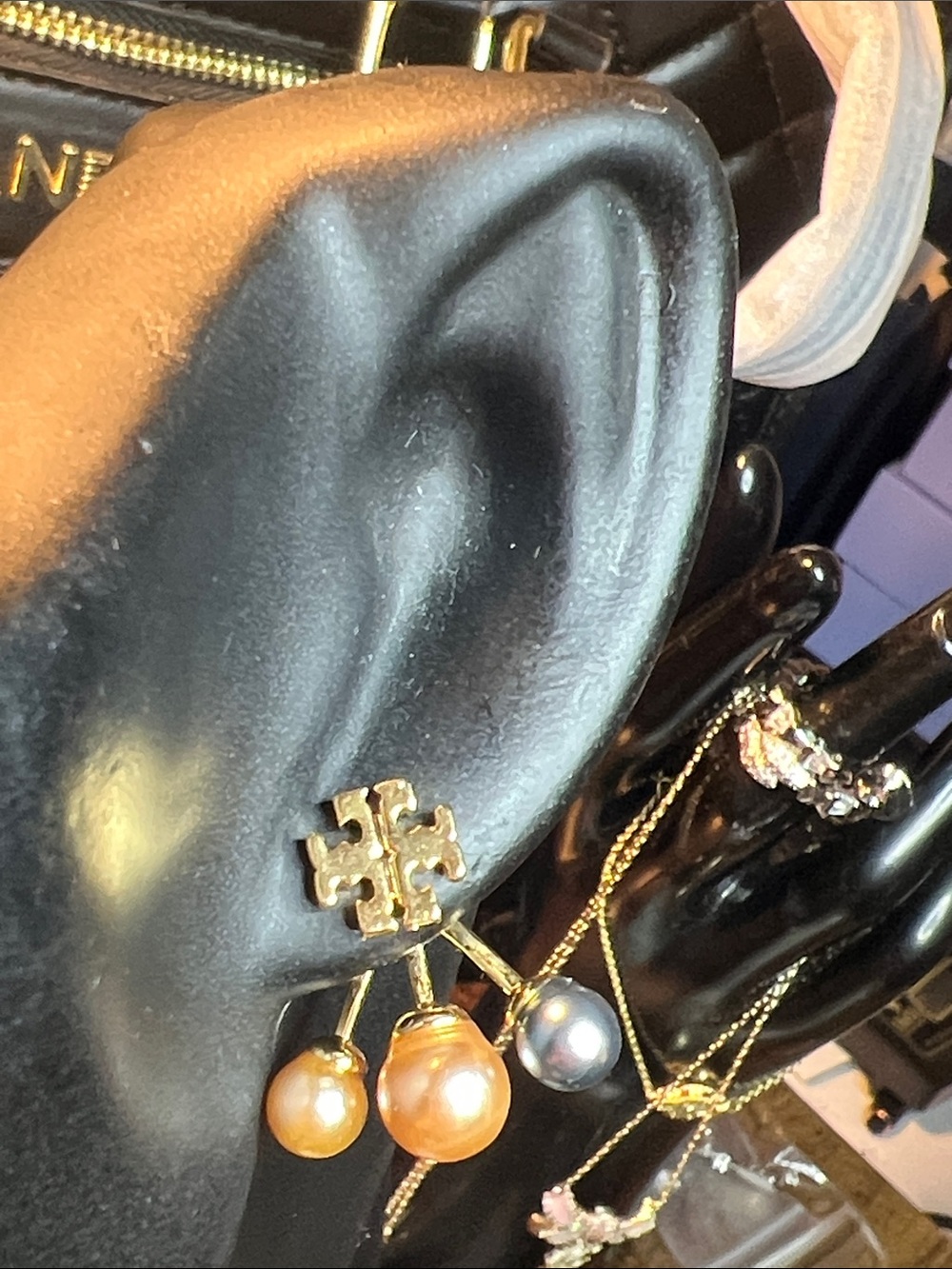 Gold Logo Drop Earrings with Peach and Gray Pearl Dangles